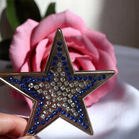 Silver Star Western Belt Buckle with Clear & Cobalt Crystals – Fits 1.5" Belt - Picture 2 of 9